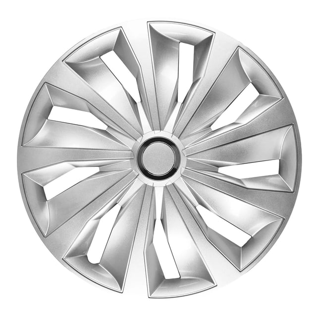 16" Action Wheel Covers, Silver, set of 4, front-facing circular design with angular multi-spokes in silver finish, clear coated for durability and shine, featuring an adjustable steel ring for secure fit, styled in European sport and luxury car fashion, ideal for automotive wheel protection and enhancement.