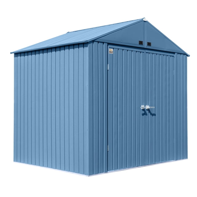 Arrow Elite 8 x 6 x 8 ft Blue Grey Steel Storage Shed made from corrosion-resistant Galvalume steel with wrinkle paint finish, featuring tall 72-inch walls, high gable roof for added headroom, reinforced swing doors with brushed nickel key lock handle, and gable vents for ventilation, ideal for outdoor storage in backyards or gardens.