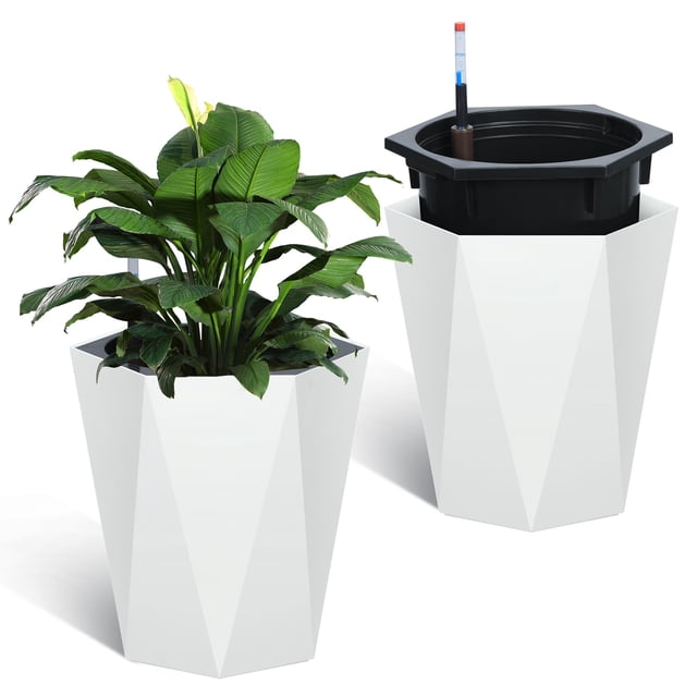 AKDSteel 16 Inch Tall Diamond Planters Set of 2, Self Watering Planters with Water Level Monitor and Wheels, Flower Pots Outdoor and Indoor for Patio, Porch, Living Room, Home Office
