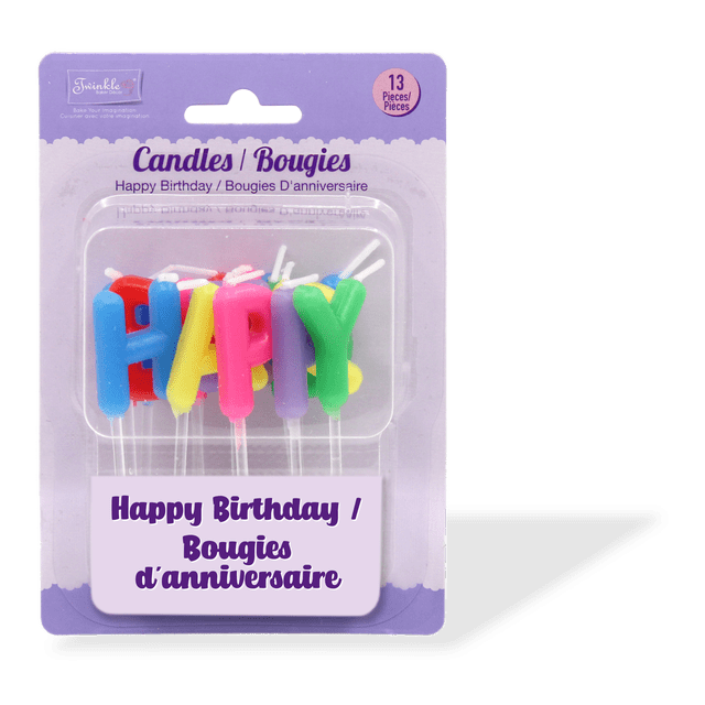 Happy Birthday Candles with 13 assorted coloured letter candles spelling 'HAPPY' in blue, red, yellow, pink, purple, and green on clear sticks, displayed on a lavender card with bilingual English and French text, suitable for birthday party decorations.