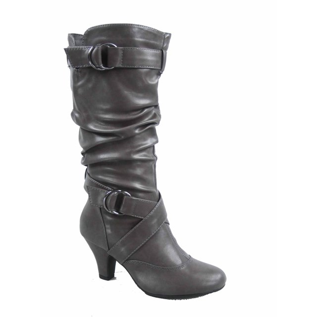 Maggie-39 Bottes Décontractées Mi-Mollet à Bout Rond à Talons Hauts à Fermeture Éclair pour Femmes
