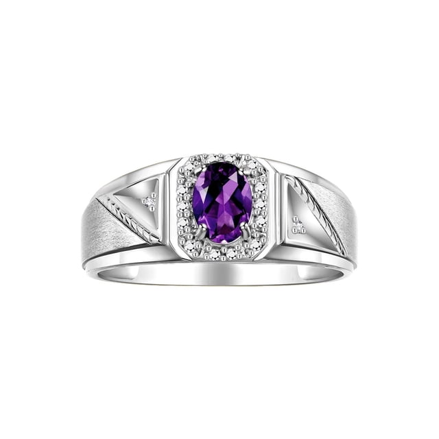 RYLOS Men's Rings 14K White Gold Classic 7X5MM Oval Gemstone & Diamond Ring Amethyst February Birthstone Rings For Men Size 9
