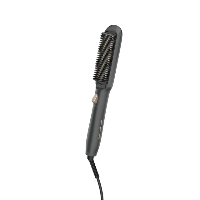 InfinitiPro Adjustable Tension Straightening Brush by Conair in matte dark gray with gold-tone controls, featuring V-shaped bristles and anti-scald heated plates for smooth, frizz-free hair styling, five LED heat settings up to 390°F, and a swivel cord.