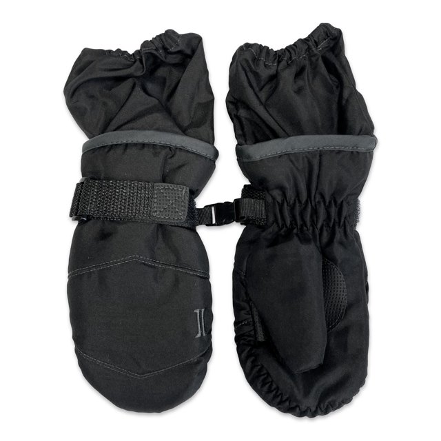 IGLOOS BOYS SKI MITTEN pair of black insulated boys’ ski mittens with windproof, water-repellent shell, elastic cuffs, and adjustable wrist straps designed to keep kids’ hands warm and dry; also suitable for outdoor winter play.