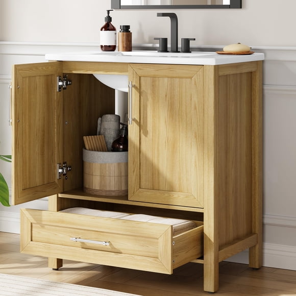 30" Freestanding Wooden Bathroom Vanity – Farmhouse Cabinet with Sink, Vintage Style Doors & Drawers, Vanity Top – Natural Oak Finish for Bathroom