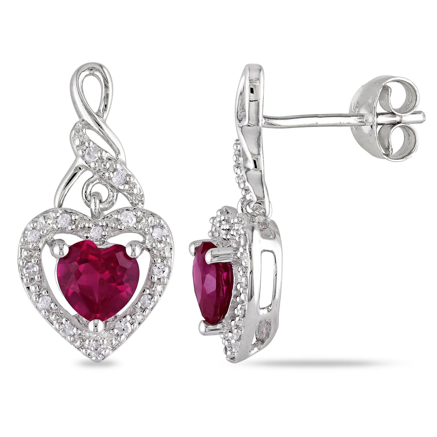 Boucles d'oreilles coeur de Miabella avec 1-1/6 carat PBT de rubis synthétique et 1/8 carat PT de diamant en argent sterling