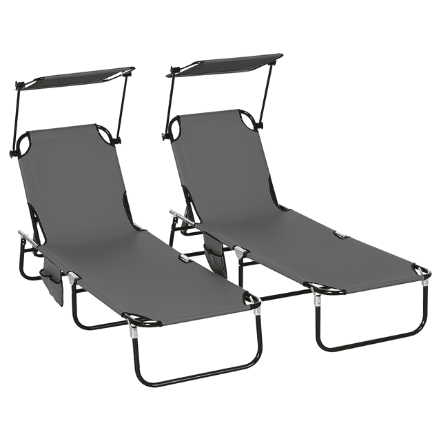 Outsunny Chaise Longues Pliantes 2 Pcs avec Dossier Réglable en Gris Foncé, Fabriquées avec un Tissu Oxford Respirant et des Cadres en Acier Noir Mat. Chaque Chaise Longue Présente un design Pliable, un Pare-Soleil et 5 positions d'Inclinaison pour le Confort. Légère et portable, Idéale pour le Bord de la Piscine, la Plage Ou le Jardin.