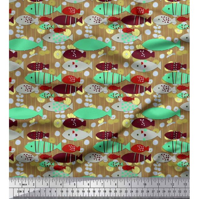Soimoi Moss Georgette Fabric Fish Cartoon Decor Fabric Printed Yard 42 Inch Wide