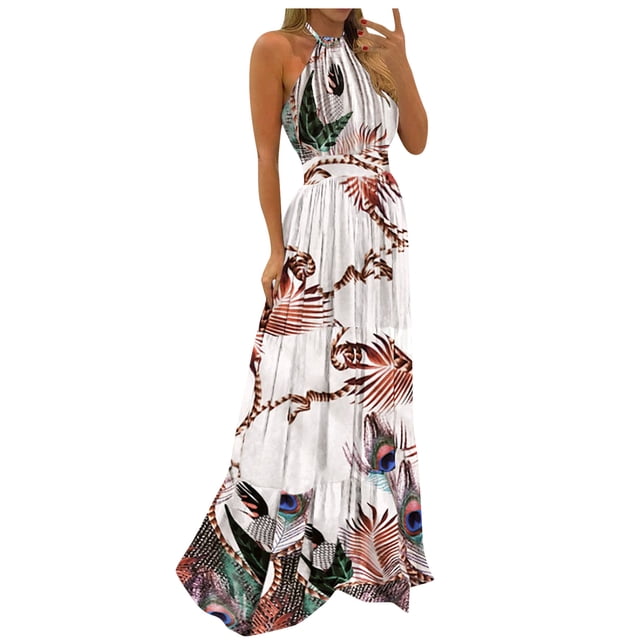 Leutsin Robe Maxi Grande Taille pour Femmes à Imprimé Tropical, Dos Nu à Col Licou, Aguichant, Sans Manches, de Plage, Grande Taille