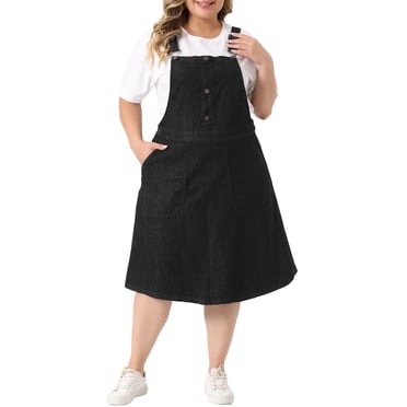GRACE & GRANDEUR Women's Plus Size Overall Dresses Button Up Adjustable Strap Denim Dress Black 3X