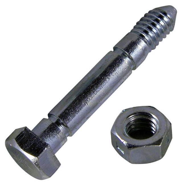 Laser Shear Pins And Nuts for Snow Blowers - 57540 showing a close-up of a silver metal shear pin with a hexagonal head and threaded tip alongside a hex nut, designed to fit Ariens blowers and protect the transmission by breaking on impact; includes replacement hardware for seasonal maintenance.