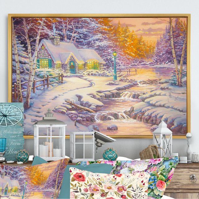 Designart Cottage sur Rivière dans la Forêt pendant Noël Cadre Flottant Traditionnel Art Mural