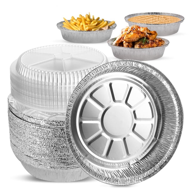 Lot de 50 Plats Ronds Jetables en Papier D\'aluminium de 9 Pouces avec Couvercles en Carton, Idéals pour la Cuisson, la Cuisson, le Rangement et le Réchauffage (Couvercles en Carton)