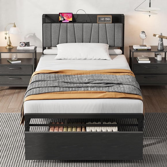 Twin Size Bed Frame with Storage Drawer, Industrial Twin Platform Bed with Upholstered Headboard and Charging Station, No Box Spring Needed, Black