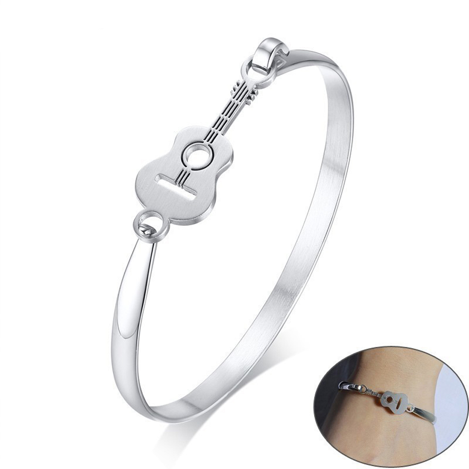Women Guitar Charm Cuff Bracelet Bangles Stainless Steel Music Gift Accessory