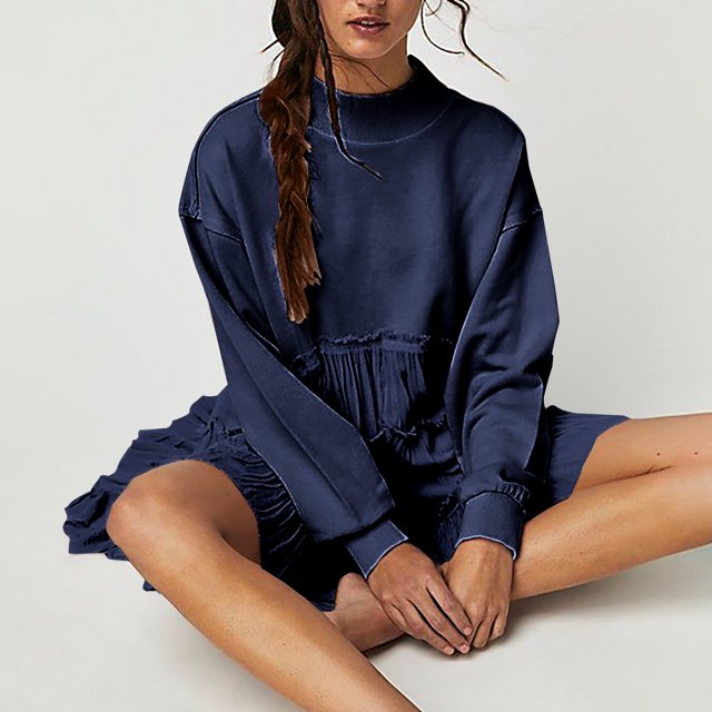 LSLJS Robe Chandail Surdimensionnée pour Femmes à Manches Longues, Col Ras du Cou, Chandail à Enfiler, Hauts, Chandails, Mini-Robe, Robe Grande Taille