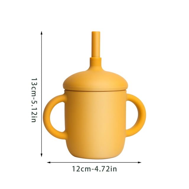 Agiferg Straw Cup Silicone Learning Drinking Cup, a durable sippy cup with dual handles, leak-proof lid, and straw. Made of high-temperature resistant silicone, this anti-fall children's cup fits standard cup holders. Displayed in vibrant yellow with dimensions of 13cm height and 12cm width.