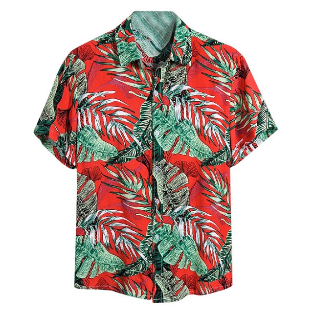 Leutsin Men Short-Sleeved Printed Color Buttons Cardigan Casual Shirt Tops