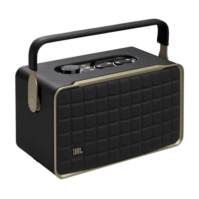 JBL AUTHENTICS 300 Haut-Parleur Bluetooth portable avec Boîtier Aspect Cuir Noir, Poignée en Métal et grille Rétro Quadrex Noire avec Garniture Dorée, avec Boutons de Commande Supérieurs et logo JBL, Idéal pour la Diffusion de Musique Sans Fil et les assistants Vocaux Intégrés.