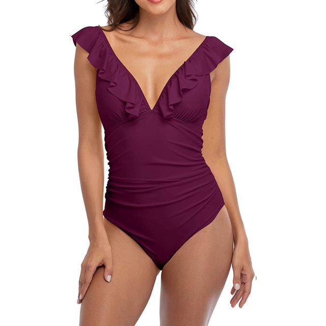 Maillots de Bain une Pièce à Volants pour Femmes Monokini Froncé Col en V
