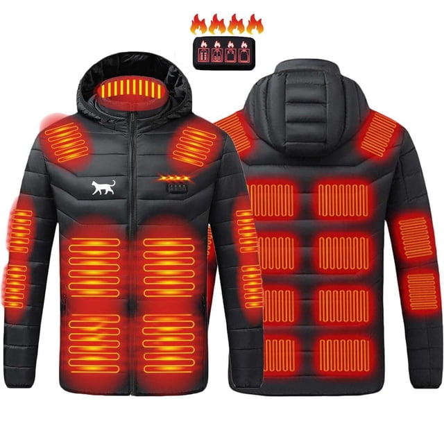 Yusimy Men's Small Print 4-Zone Heating USB Charging Parka Hooded Long Sleeve Functional Style