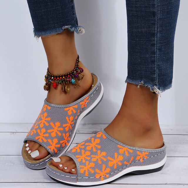 LSLJS Fish Mouth Slippers, Retro Color Matching Flowers, Wedges with Flying Woven Slippers, Women's Slippers