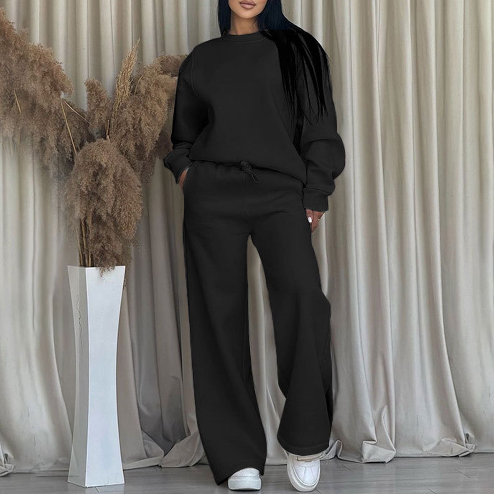 Wensltd Ensemble à Capuchon pour Femmes Couleur Unie Décontracté Col Ras du Cou Manches Longues Haut et Pantalon