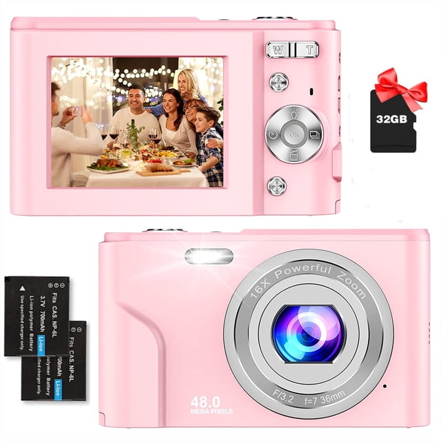 Zostuic Kids Digital Camera in pink, featuring FHD 1080P resolution, 48MP image quality, and 16X digital zoom. The compact design includes a 2.4-inch IPS LCD screen, anti-shake functionality, and a built-in flash. The camera comes with a 32GB SD card, two rechargeable lithium batteries, a USB cable, a lanyard, and a dust bag. Ideal for kids and beginners, it supports burst shooting, self-timer, smile detection, and webcam mode for video calls or live streaming.