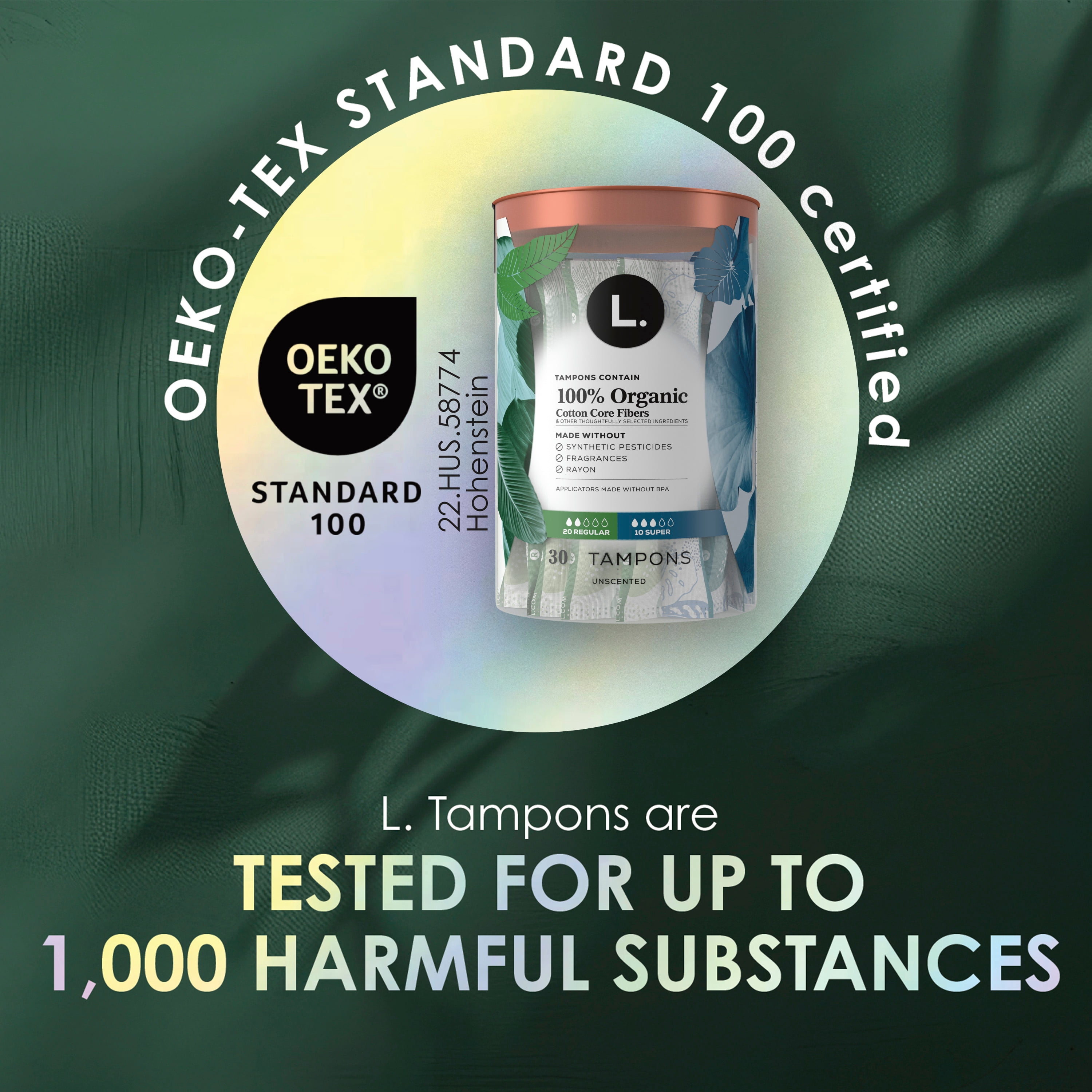 Tampons L., fabriqués à partir de coton biologique, degré d’absorption régulier/super, emballage multiple, sans pesticides synthétiques, rayonne ni parfums, 18 U