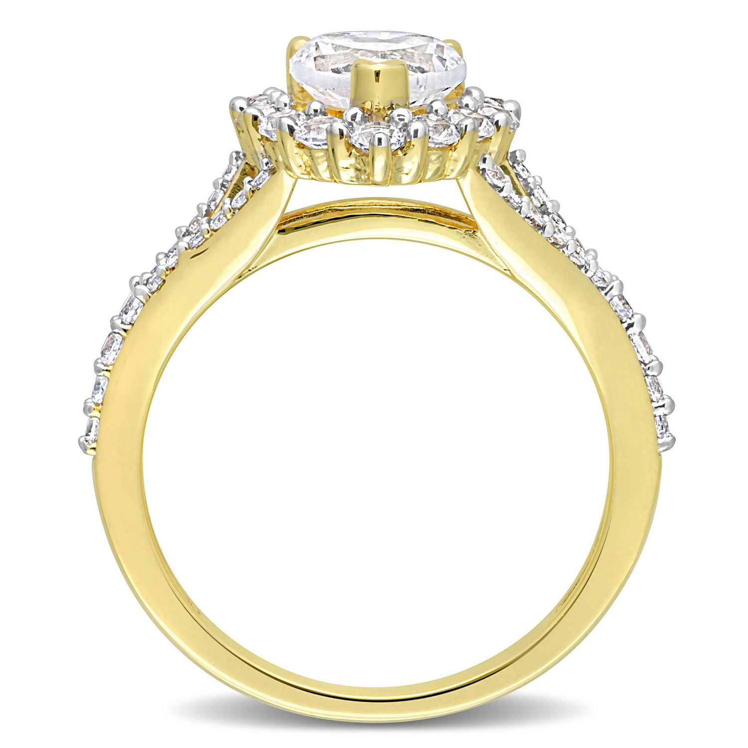 Bague de fiançailles auréole en forme coeur de Miabella avec 2-2/5 carat PBT de Saphir blanc synthétique en argent sterling plaqué jaune