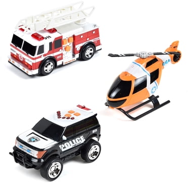 Maxx Action – Ensemble de 3 véhicules Mini Secours avec lumières et sons : Camion de pompiers, hélicoptère et VUS de police
