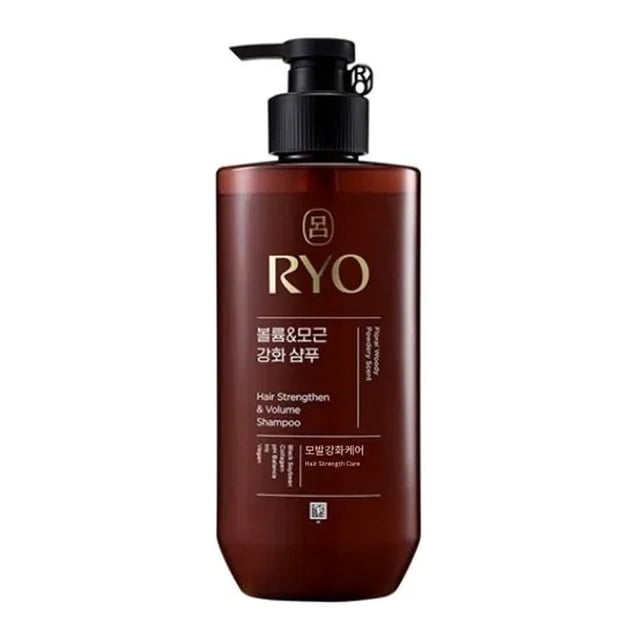 RYO Hair Strengthen & Volume Shampoo 480ml in a sleek brown pump bottle with gold and white text. This Korean herbal remedy shampoo is designed for weak and thinning hair, featuring ingredients like ginseng, caffeine, and triple collagen to reduce hair breakage and restore volume and shine. Ideal for fine or damaged hair, it provides hydration and scalp balance.
