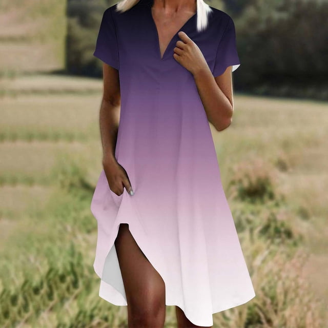 Ovzne Robes pour Femmes Robe d'Été Mode Femmes Imprimé Dégradé Col en V Manches Courtes Robe Ample et Confortable Robe d'Été Manches Courtes Imprimée Liquidation