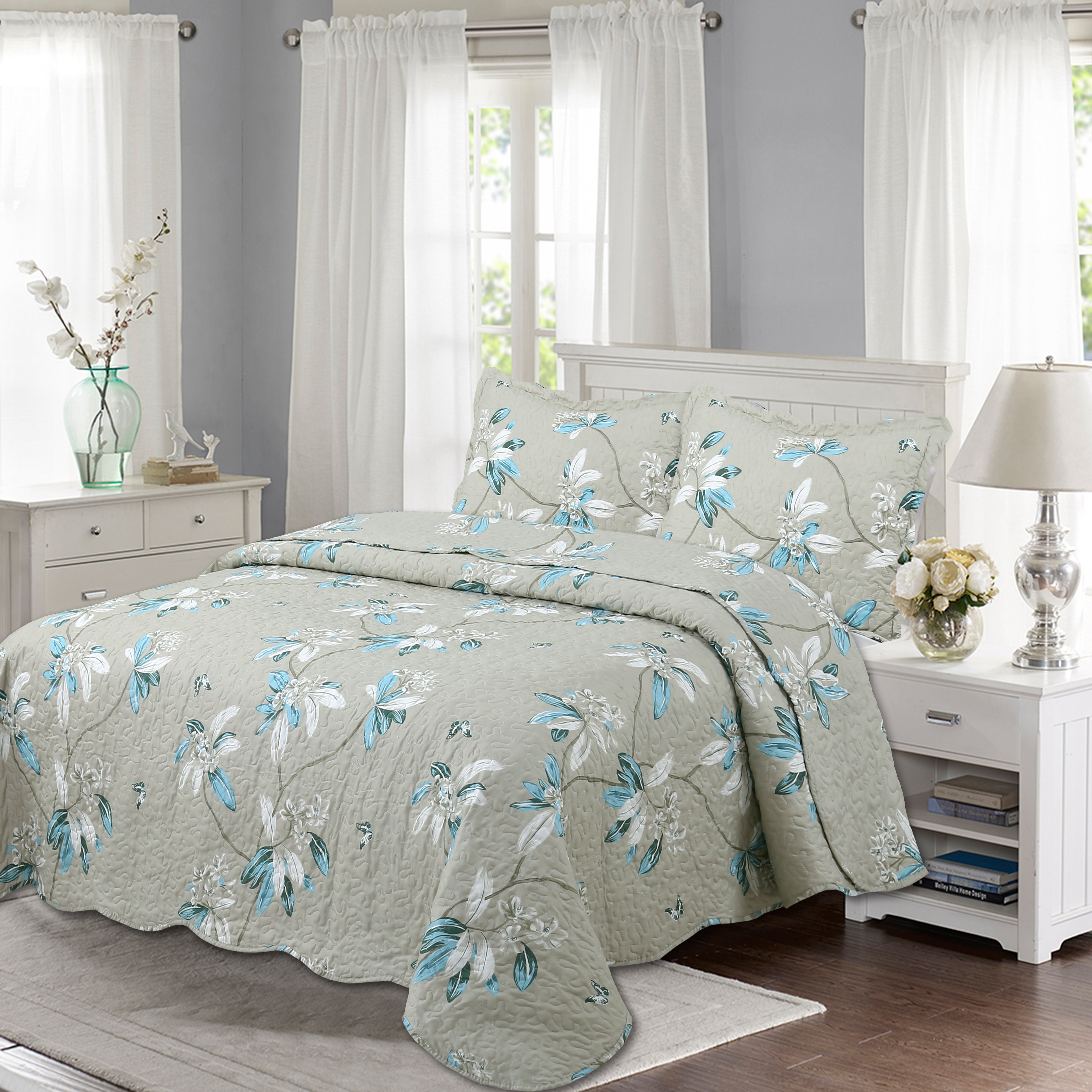 Marina Decoration Couvre-lit à imprimé riche et coutures ultra douces, parure de lit d'été avec taie d'oreiller matelassée, motif floral taupe moderne