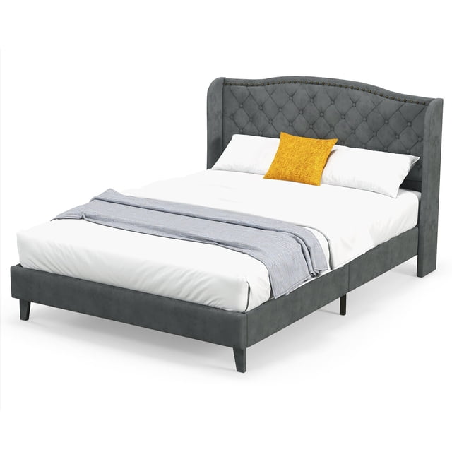 Gymax Full Upholstered Platform Bed Frame w/ Button Tufted Headboard Wooden Slats