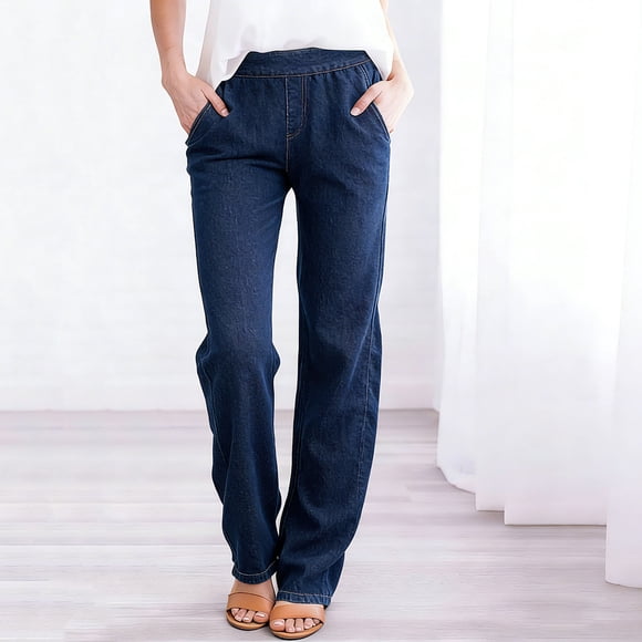 Yourumao Straight Leg Jeans for Women Elastic Waisted Jeans Stretchy Classic Denim Pants Work Out Jean Trousers with Pockets