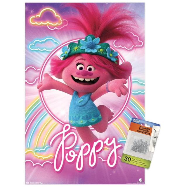 DreamWorks Trolls 2 - Poppy Wall Poster, 22.375" x 34" framed, depicting a pink troll character with bright pink hair styled upward, wearing a blue dress and a flower crown with blue and yellow flowers, against a pastel rainbow and neon cloud background with 'Poppy' in white script, ideal for colorful wall art in kids' rooms or play areas.