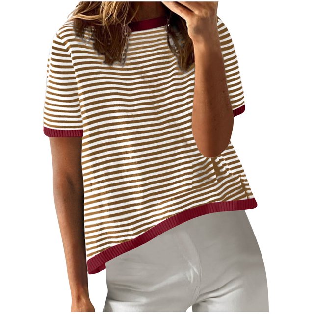 FAIWAD T-Shirts d'Été pour Femmes, Coupe Ample, à Rayures, à Blocs de Couleur, Col Ras du Cou, Manches Courtes, Chandail Tendance