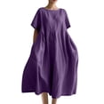 thumbnail image 1 of Robes Caftans en Coton et Lin pour Femmes Grande Taille à Manches Courtes Amples et Larges Robe Maxi Plissée à Volants Longue Robe Violet, 4TG, 1 of 3