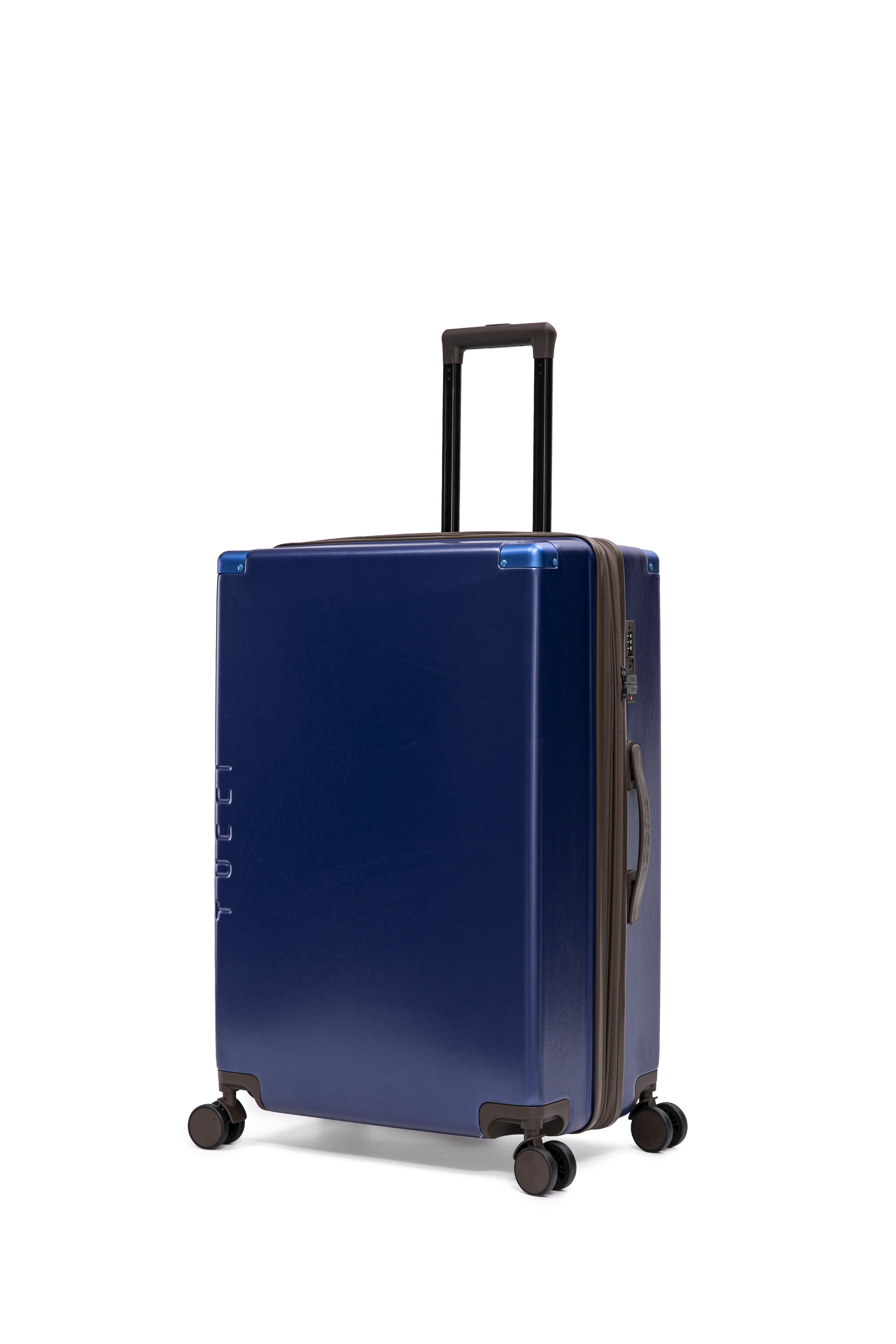 Toscano Premium Vintage 28" extensible avec coque rigide PC, coins en aluminium, serrure TSA et garantie de 5 ans – Bagage enregistré pour hommes et femmes - Bleu marine/Marron foncé