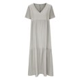 thumbnail image 4 of Robe d'Été pour Femmes 2024 Mode Grande Taille Coton Lin Couleur Unie Ample Col en V Manches Courtes Robe Rabais de 50 % Liquidation!, 4 of 6