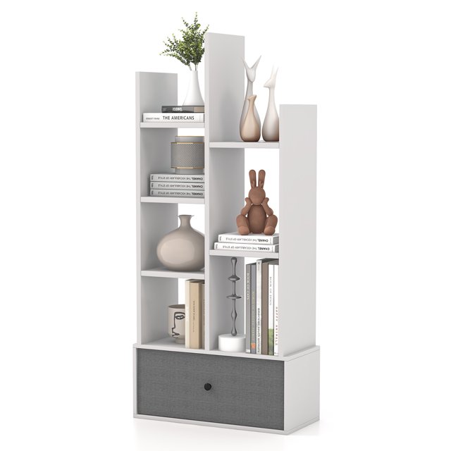 Costway Modern Bookshelf Rustic Wooden Shelf Organizer with Non-woven Fabric Drawer