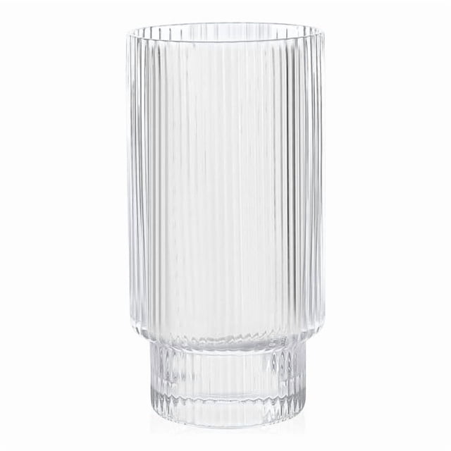 Striped Highball Glass 14 oz / 420 ml made of clear lead-free crystal with vertical ribbed texture and inverted bottom design, suitable for dining drinkware in vintage or modern table settings, dishwasher safe and ideal for whiskey or cocktails.