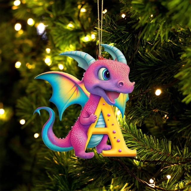 Fridja Personalized Dinosaur Christmas Ornament 26 Letters Hanging Pendant Ornaments 2024 Plastic Initial Monogram Xmas Tree Decorations with Hanging Rope Unique Customized Fun Gift for Kids (A)