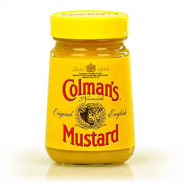 ENGLISH MUSTARD Colman's Original English mustard in a clear glass jar with a bright yellow label and lid, featuring red text and a black bull emblem, a British classic first produced in Norwich in 1814, ideal for adding bold flavor to British and European dishes.
