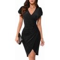 thumbnail image 1 of Owin Women's Summer Sexy V Neck Ruffle Sleeve Faux Wrap Ruched Sheath Bodycon Cocktail Party Work Dress, 1 of 4