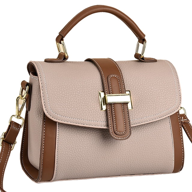 Women's Leather Satchel Purse Handbag featuring a beige textured vegan leather body with brown accents and gold hardware. The bag includes a top handle, an adjustable crossbody strap, and a secure buckle closure. Designed with a spacious main compartment and an inner slip pocket, it is ideal for carrying essentials like a phone, wallet, and makeup. Suitable for various occasions such as work, travel, or casual outings.