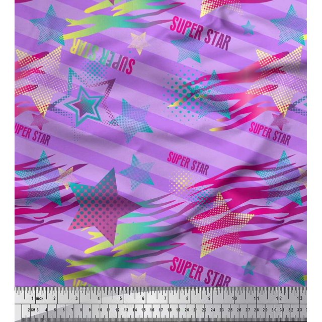 Soimoi polyester Crepe Fabric Star & Diagonal Stripe Fabric Prints By Yard 52 Inch Wide