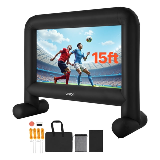 VEVOR Écran de Film Gonflable de 15 Pi avec un Format d'Image 16:9, Doté d'Un Cadre Noir 210D durable et d'Un Écran en Tissu Blanc 600D. l'Écran Est Montré Entièrement Gonflé avec un match de soccer Projeté sur Lui, Mettant en Valeur Son Grand angle de Vision et une reproduction de Couleurs Vibrantes. des Accessoires Tels Que des Piquets de Sol en Métal, des Cordes en nylon, un Sac de Transport et un Souffleur Sont Inclus, le Rendant Adapté à une Utilisation Intérieure et Extérieure. Idéal