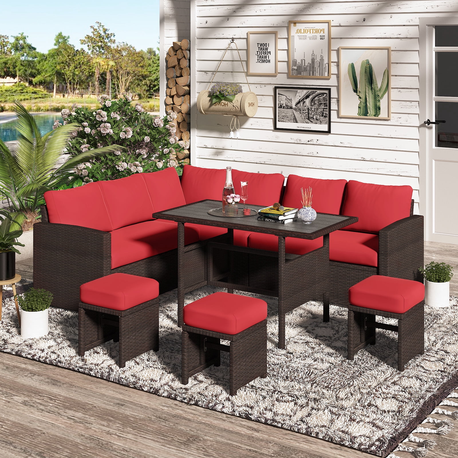 AECOJOY Ensemble de Mobilier de Patio 7 Pcs Ensemble de Salle à Manger d'Extérieur en Rotin PE Canapé Sectionnel avec Table Ensemble de Conversation de Patio en Rouge